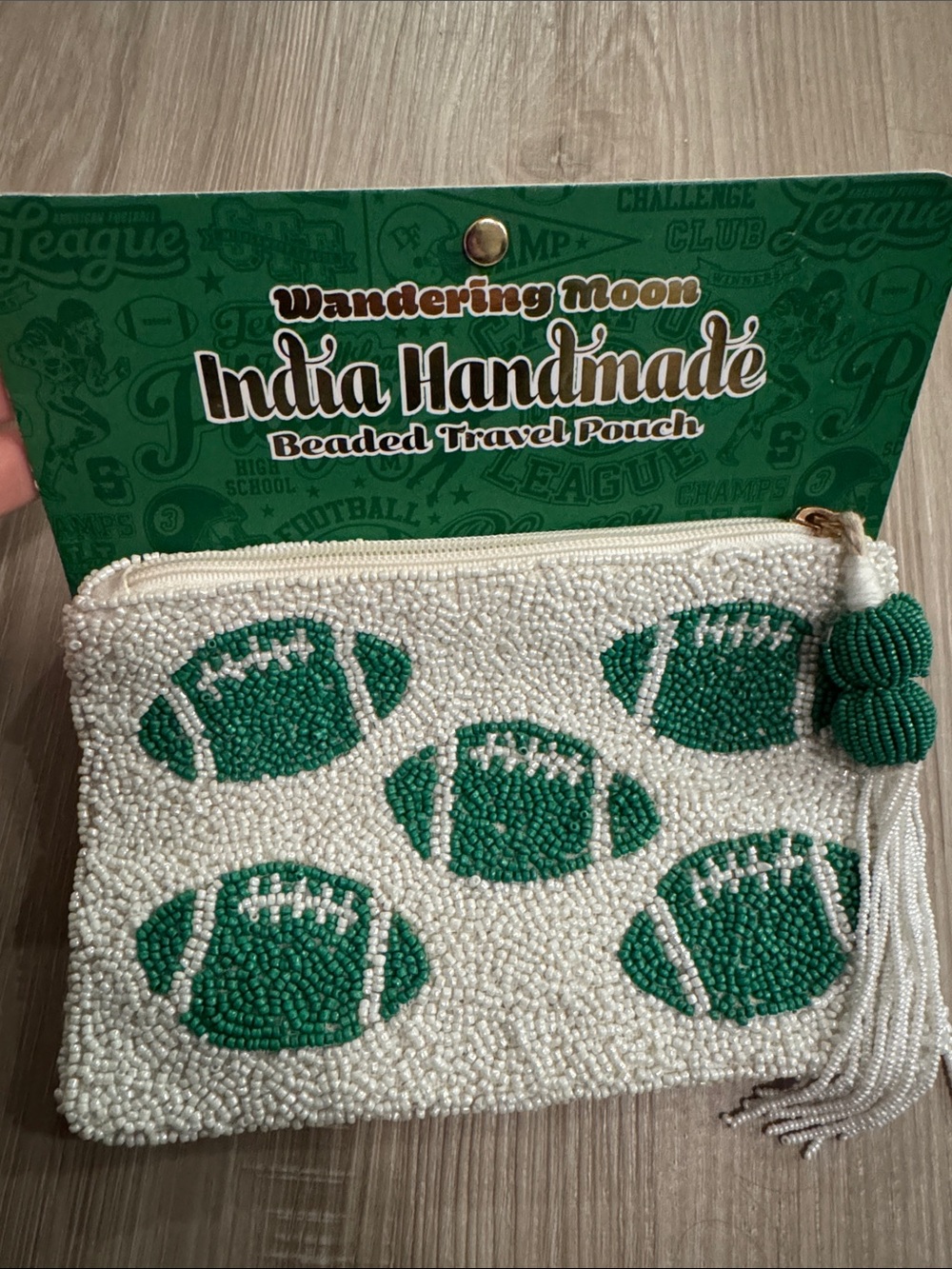 Indie Handmade Beaded White & Green Football Card Holder